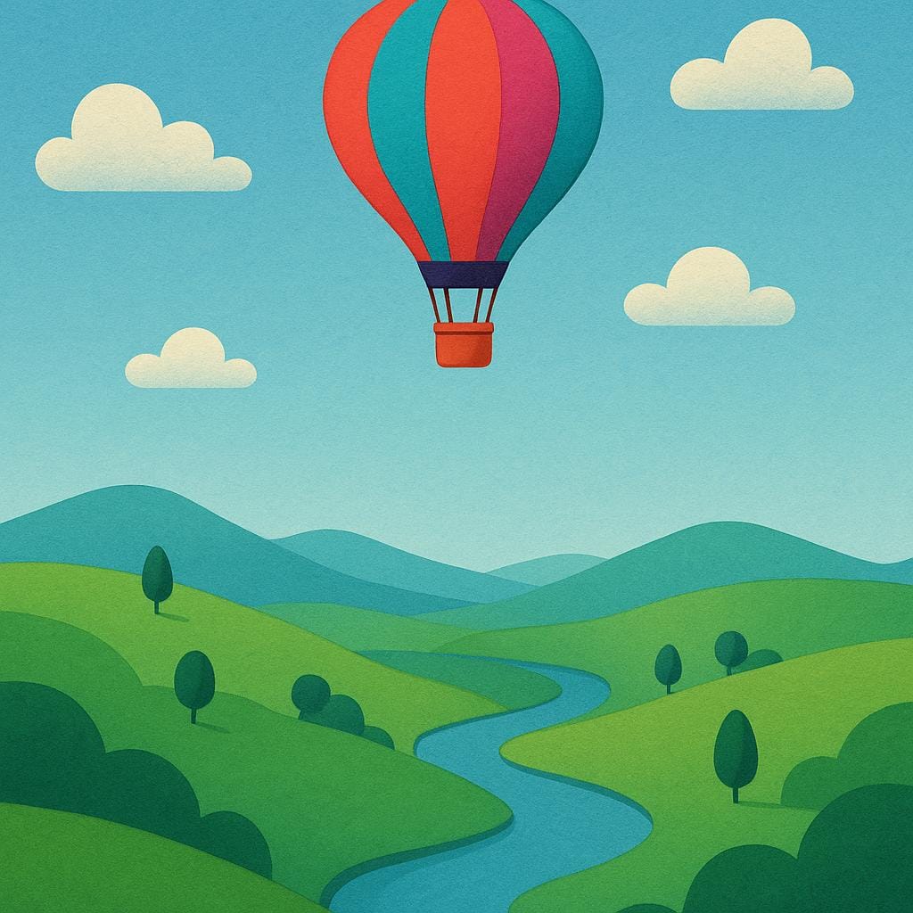 A brightly colored hot air balloon positioned high up in the clear blue sky over a green landscape, demonstrating its level or position.