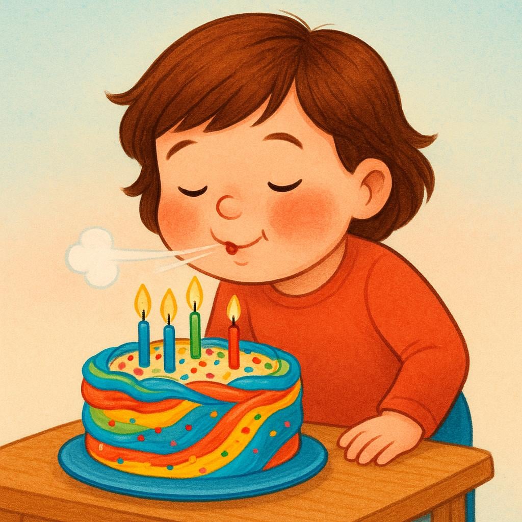 A storybook illustration of a happy child successfully blowing out the candles on a large, colorful birthday cake.