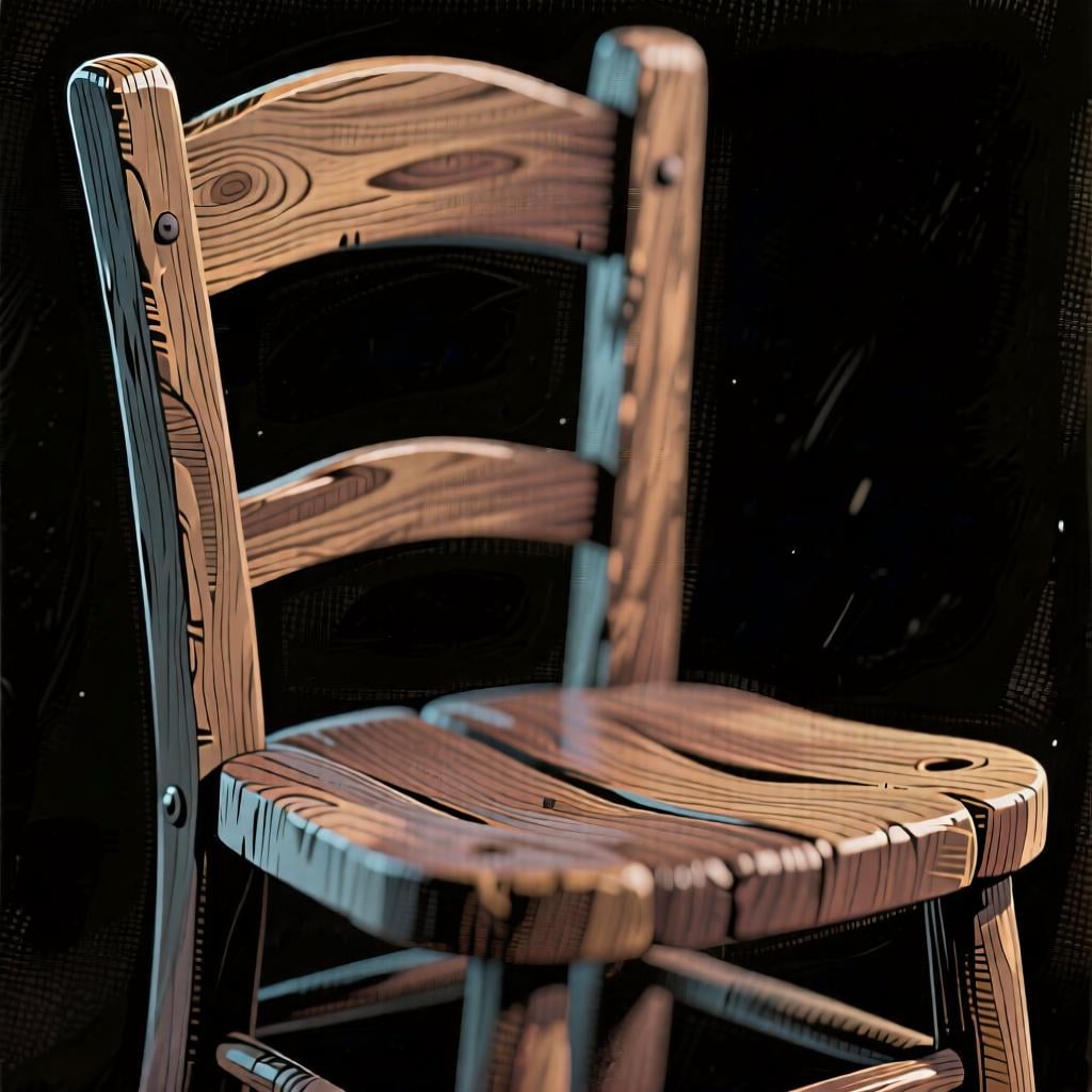 A close-up of a sturdy wooden chair, showing the grain of the wood clearly, illustrating something 'made of' a material.