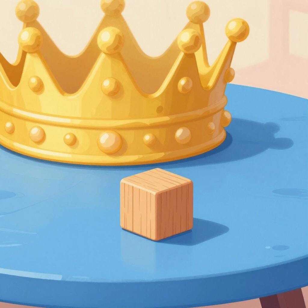 A small, plain wooden toy block sitting behind a large, sparkling golden crown.