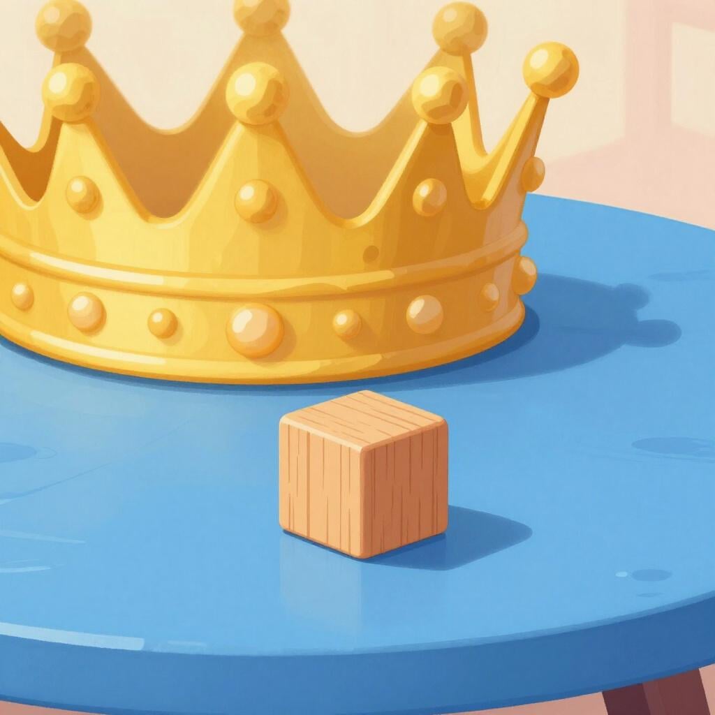 A small, plain wooden toy block sitting behind a large, sparkling golden crown.