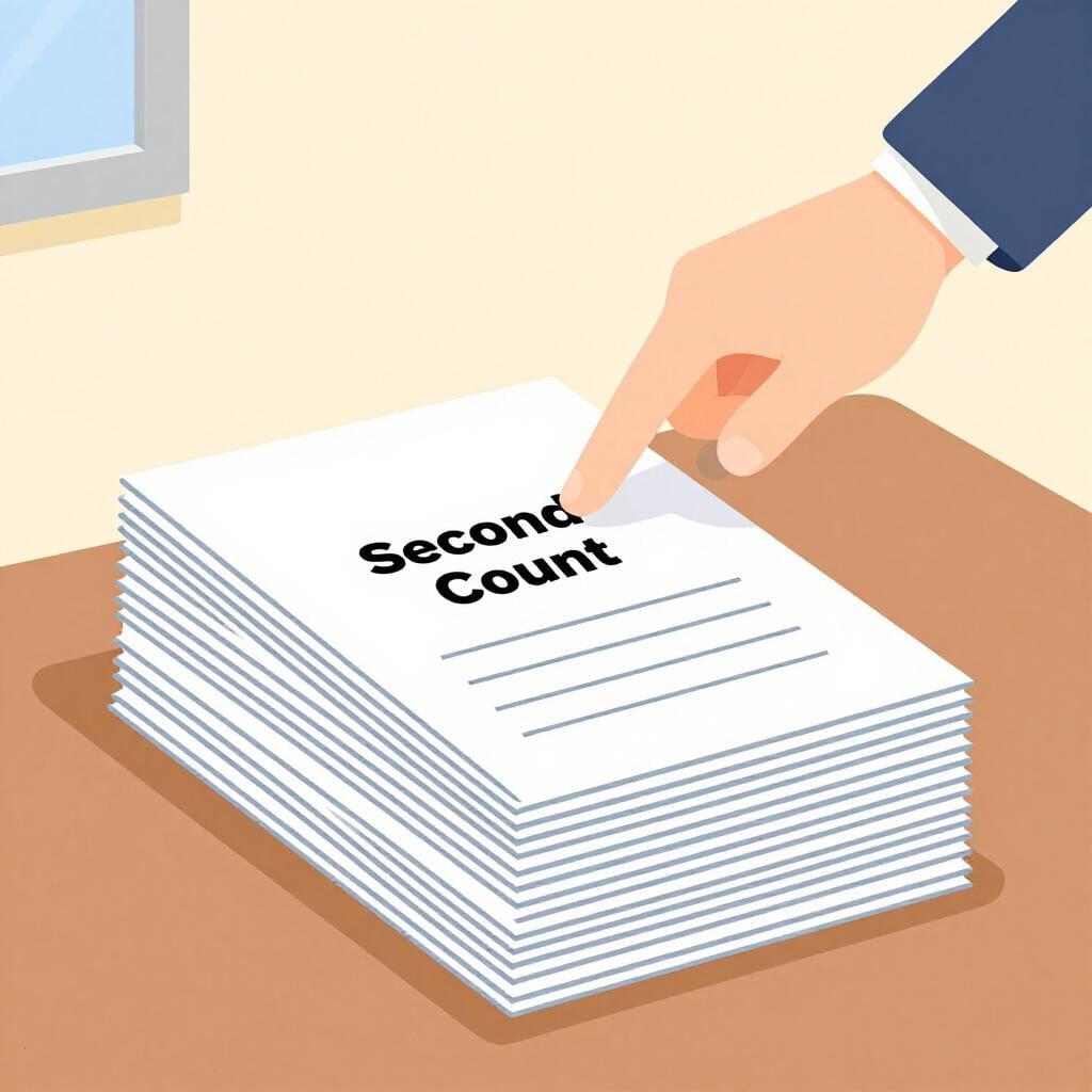 A person pointing at a stack of colorful voting ballots one by one to count them again.