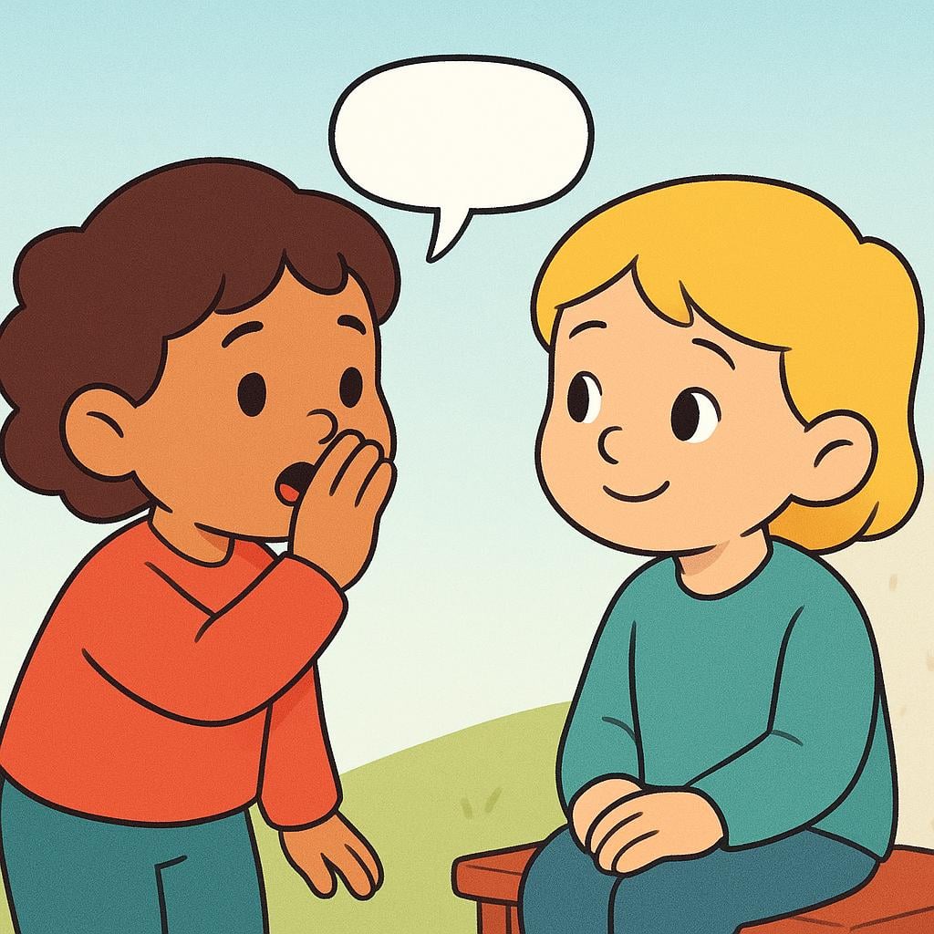 A small character is covering their mouth with their hand while speaking to another character, symbolizing that they are telling an untruth.