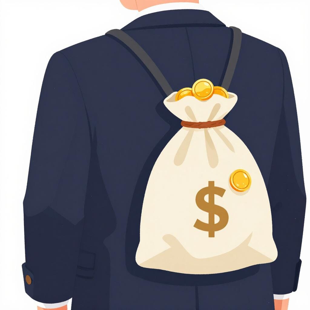 Una persona in abito che nasconde una borsa di monete d'oro dietro la schiena mentre stringe la mano.