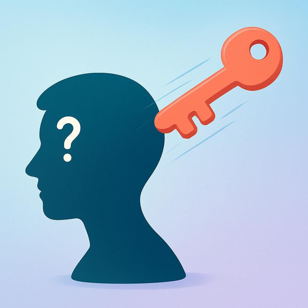 A simple silhouette of a person looking slightly confused. A large, stylized house key is floating rapidly away from their head, illustrating the concept of forgetting something.