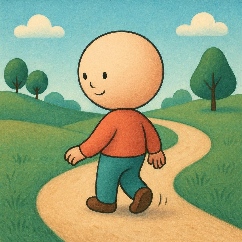 A stylized figure stands on a simple path, performing a physical rotation to face the direction opposite to where they were originally looking.