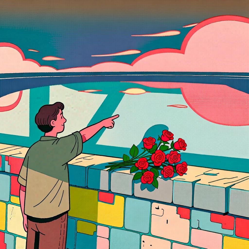 A person pointing towards a cluster of colorful roses placed on a table at a middle distance, symbolizing the feminine plural demonstrative adjective 'those'.
