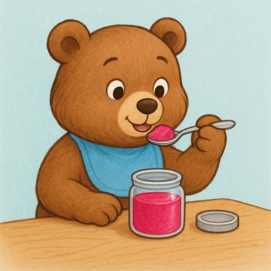 A friendly cartoon bear carefully sampling a spoonful of bright pink jam from a small jar, illustrating the act of tasting food.