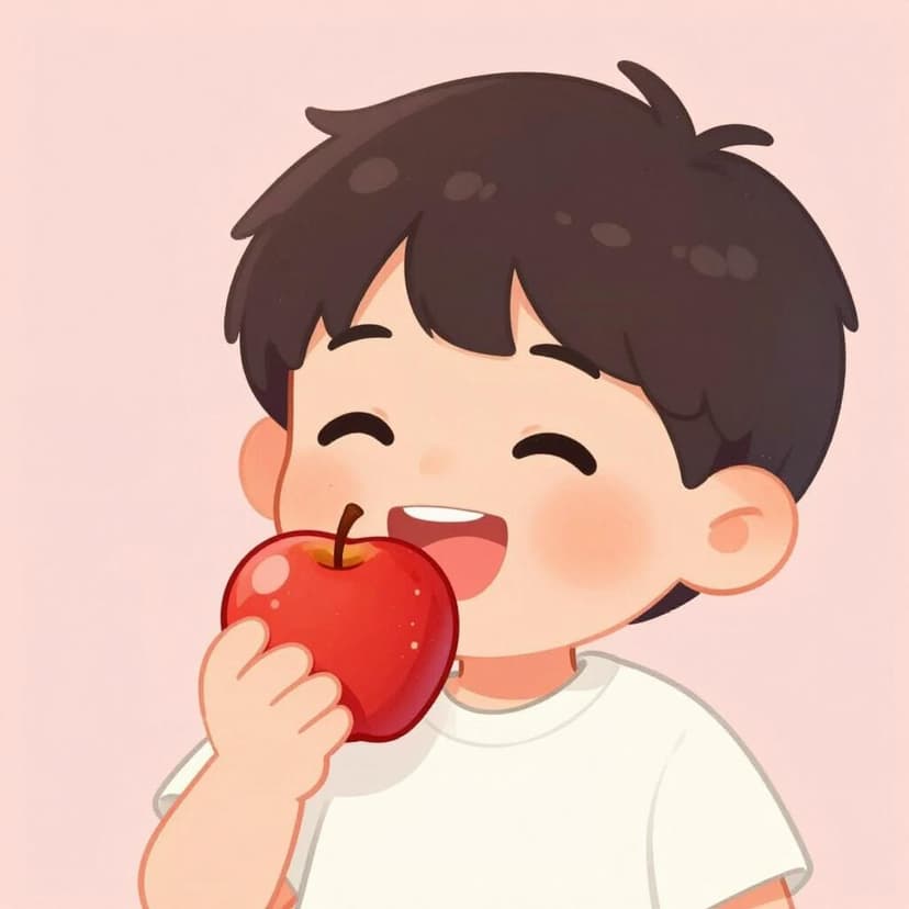 A child smiling with joy while eating a delicious red apple.