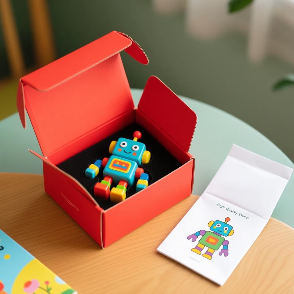 An open gift box containing a colorful toy robot and a small, white folded instruction manual lying next to it, confirming the manual is part of the package.
