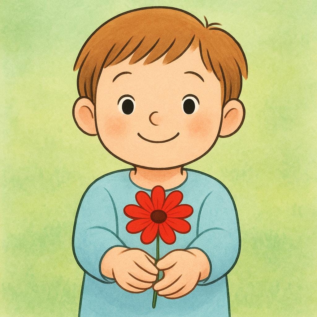 Ett sött litet barn som erbjuder en klar röd blomma till en osedd mottagare.