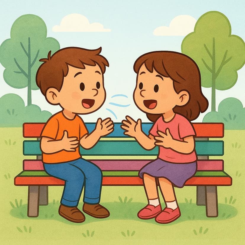 A simple illustration showing a boy and a girl sitting opposite each other on a park bench, engaged in conversation, with subtle visual lines indicating sound flowing between them.