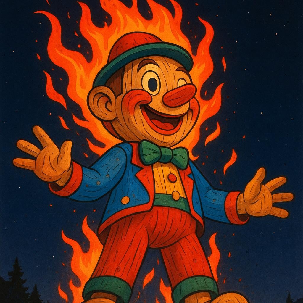 A large, elaborate wooden structure or monument burning brightly during a nighttime festival.