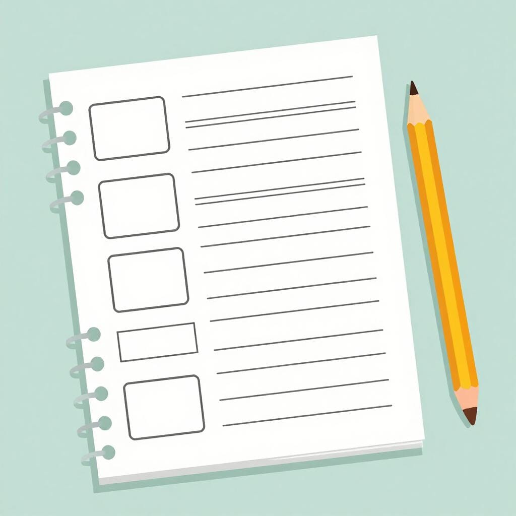 Un document papier vierge avec des lignes et des cases vides à côté d'un crayon.