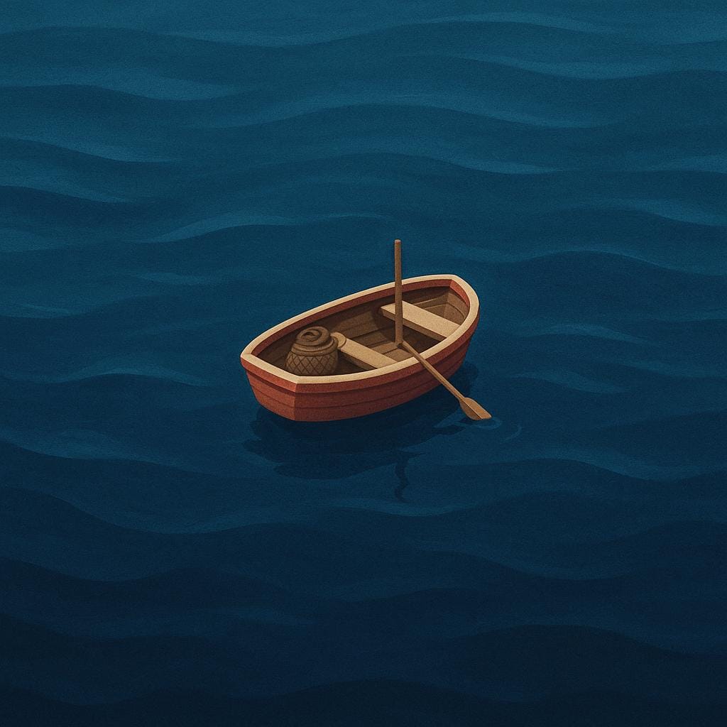 A small red and white fishing boat floats on the surface of a vast, deep blue ocean. The water below the boat is intensely dark, indicating extreme depth.