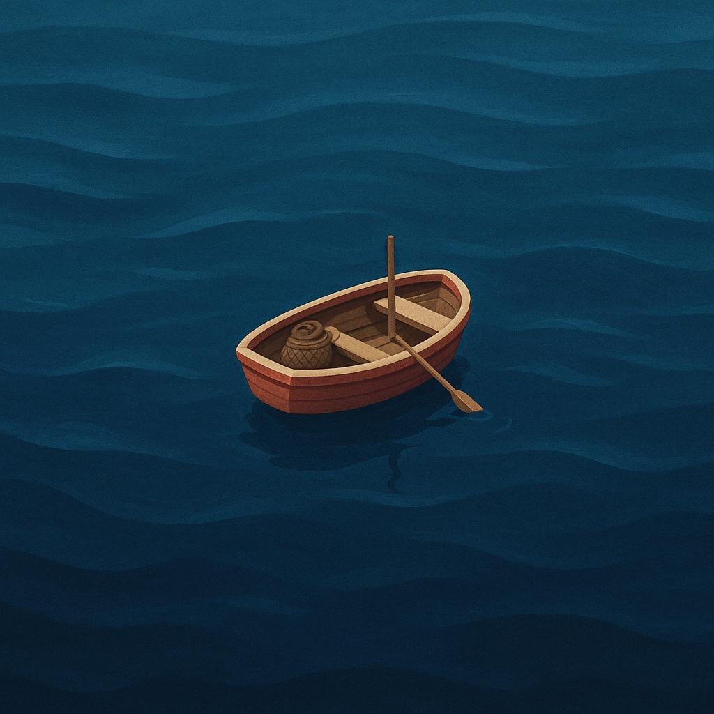 A small red and white fishing boat floats on the surface of a vast, deep blue ocean. The water below the boat is intensely dark, indicating extreme depth.