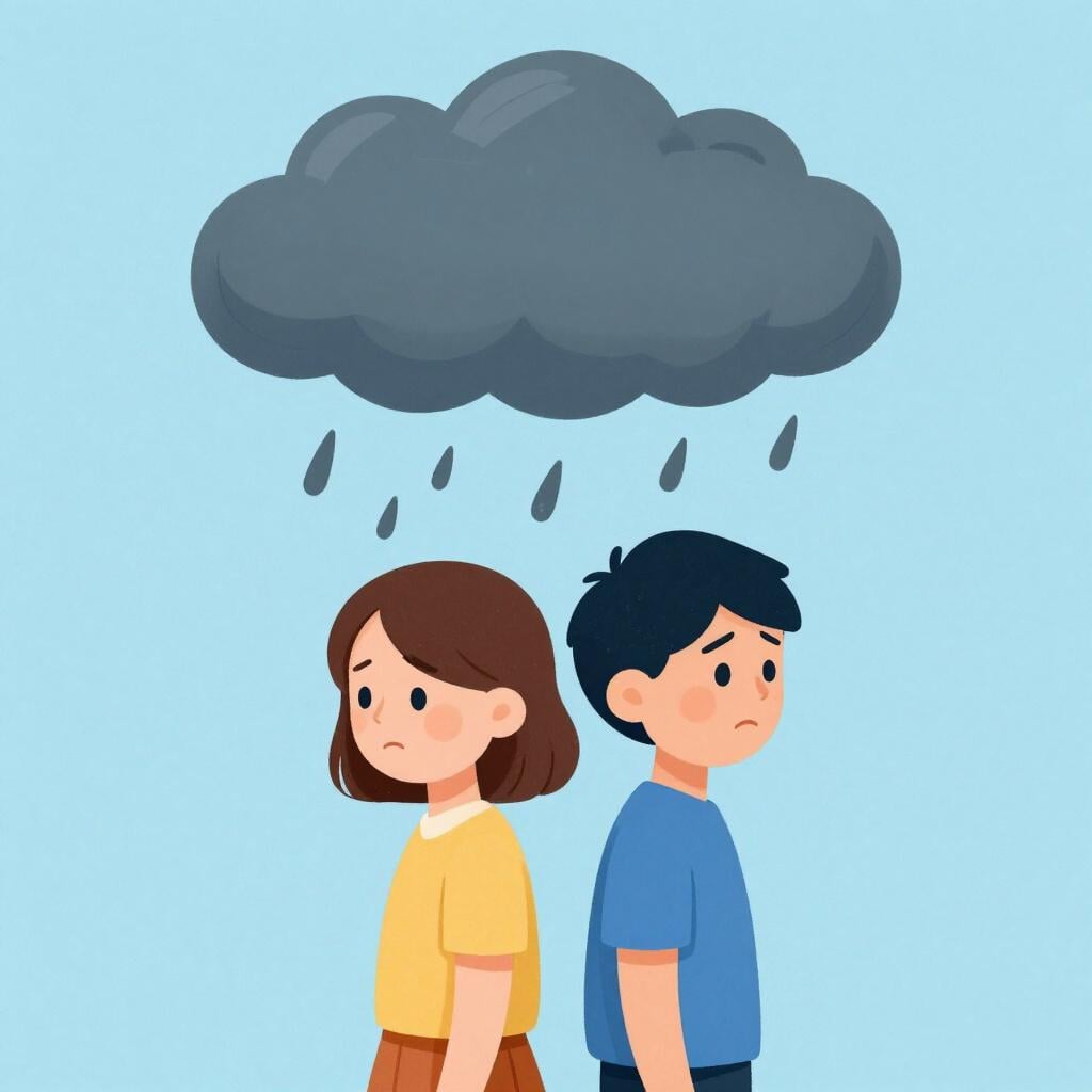 Uma nuvem de tempestade chovendo sobre duas pessoas que parecem tristes e estão se afastando uma da outra.