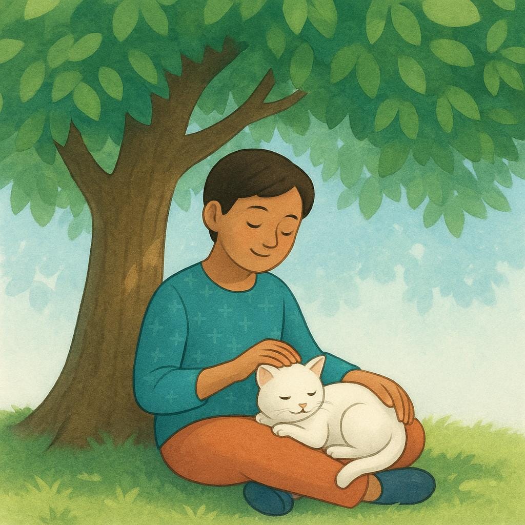 A peaceful figure is sitting under the protective branches of a large, green weeping willow tree, gently stroking a fluffy cat on their lap, representing solace.