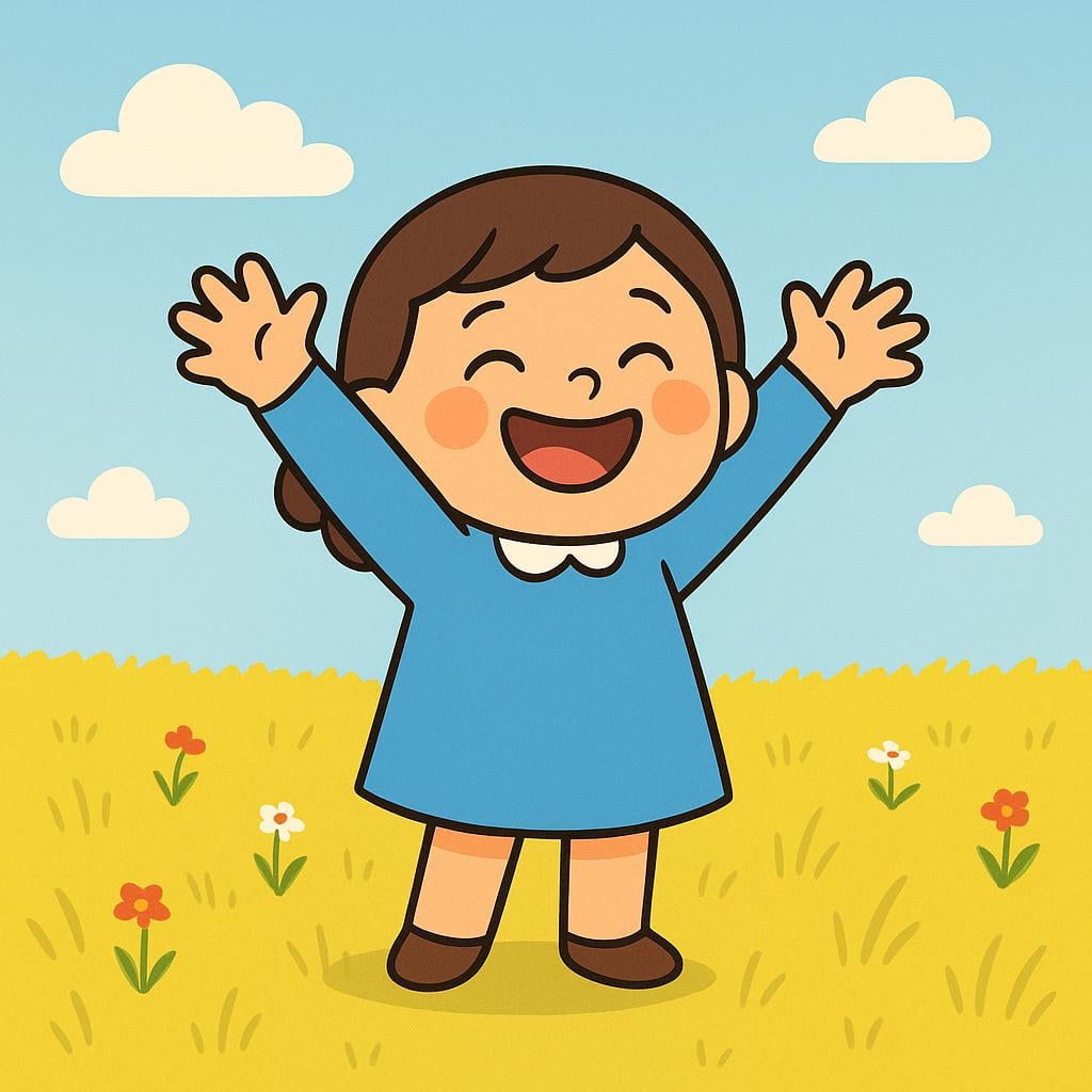A simple character with a huge, beaming smile and arms raised high, clearly expressing overwhelming joy and happiness.