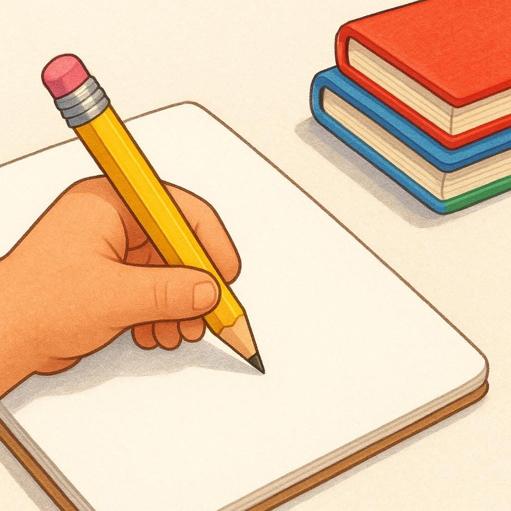 A close-up view of a child's hand holding a bright yellow pencil, ready to write on a blank workbook page next to a stack of colorful school books.