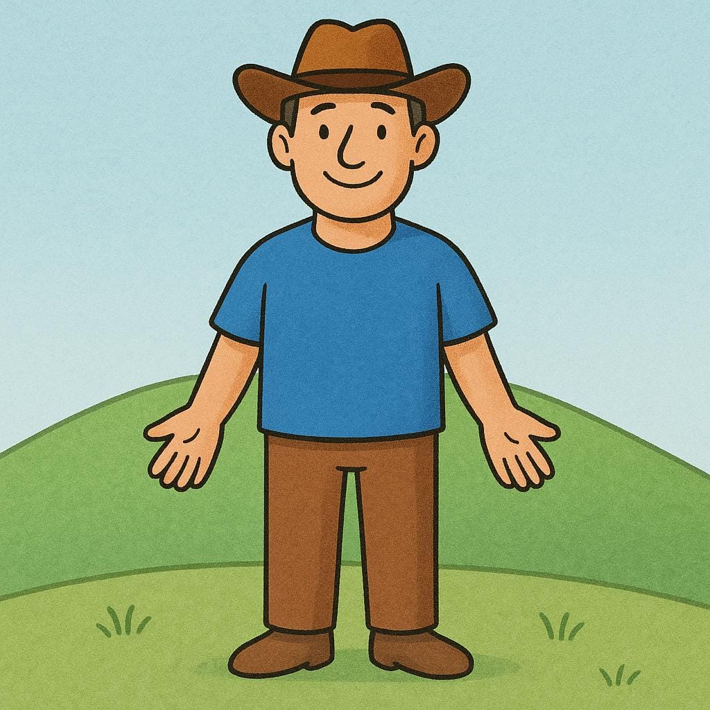 A smiling adult figure wearing a brown cowboy hat and a simple blue shirt, standing against a background of rolling green hills.