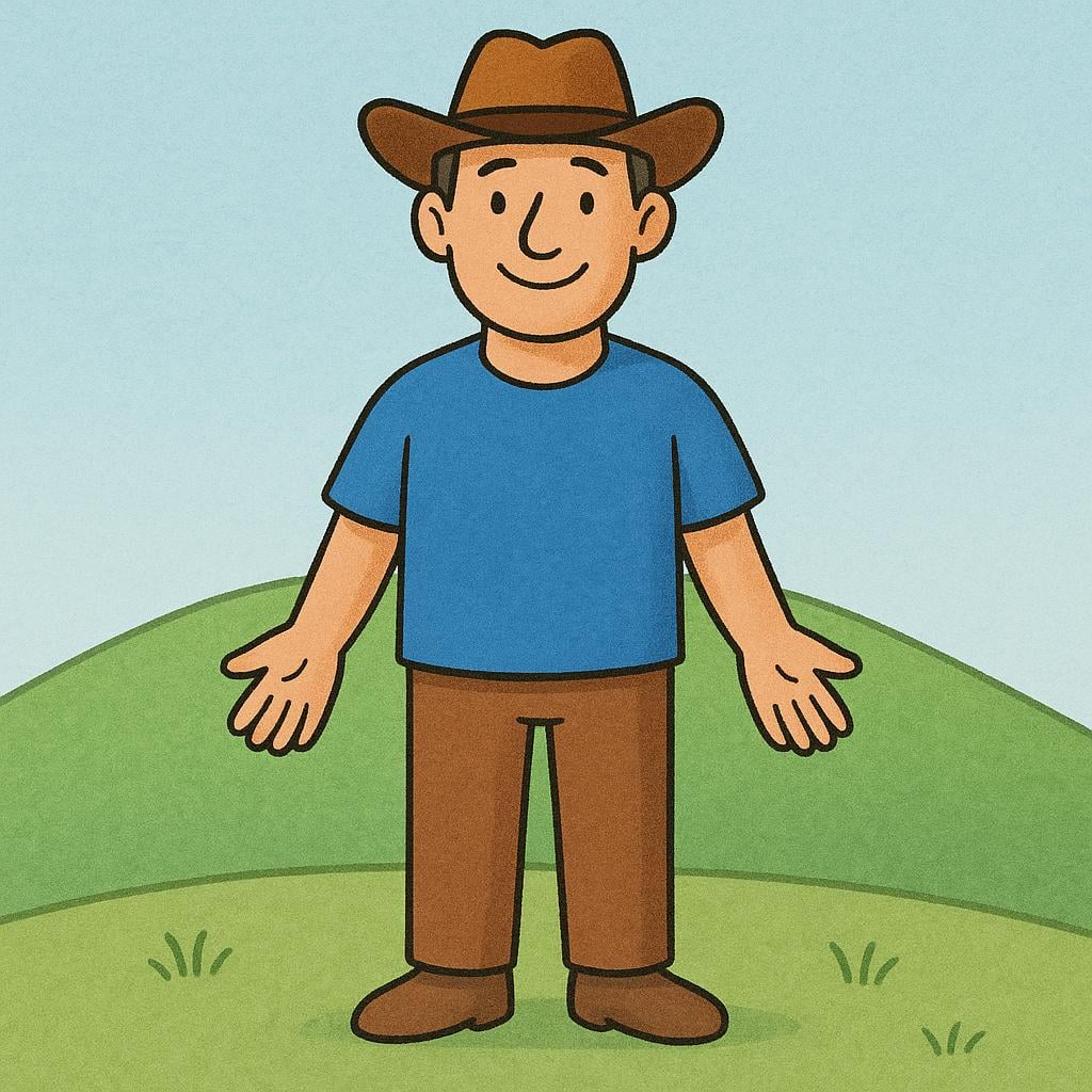 A smiling adult figure wearing a brown cowboy hat and a simple blue shirt, standing against a background of rolling green hills.