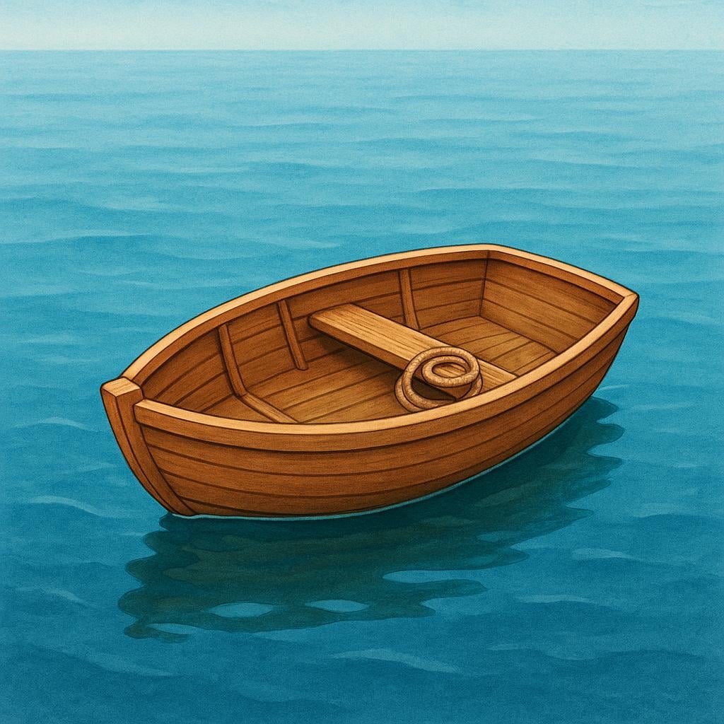 A simple, small wooden rowboat floating calmly on blue water under a sunny sky.