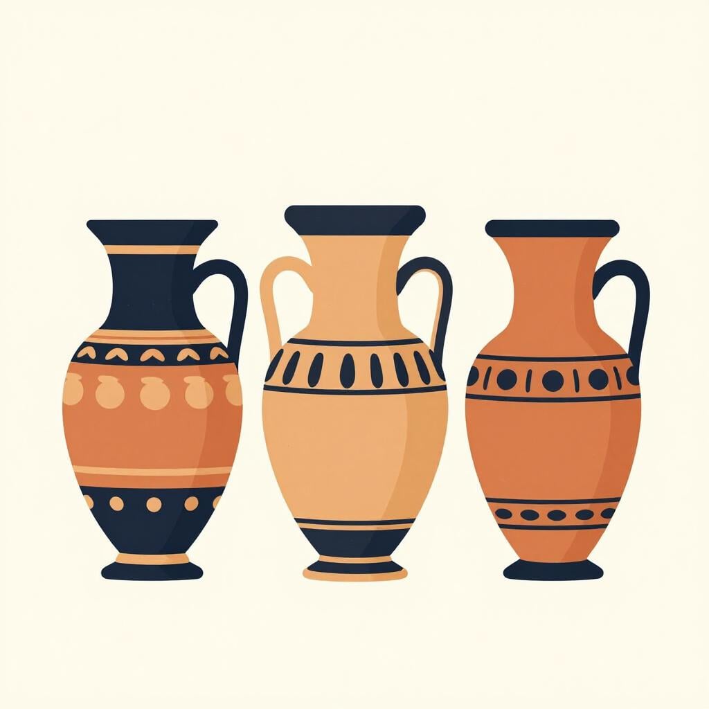 Several ancient Greek amphorae vases with classic black and orange patterns.