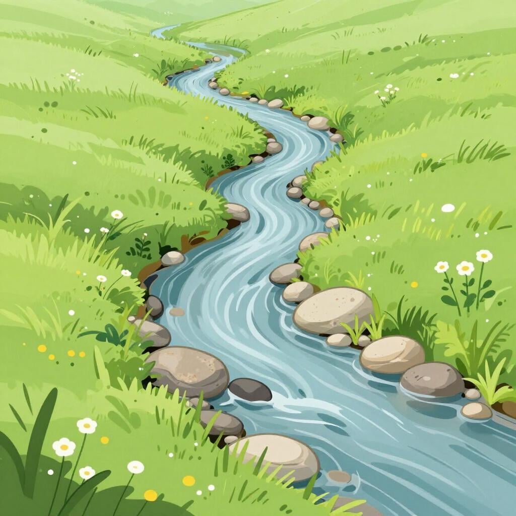 A small, clear stream flowing gently over smooth stones in a green meadow.