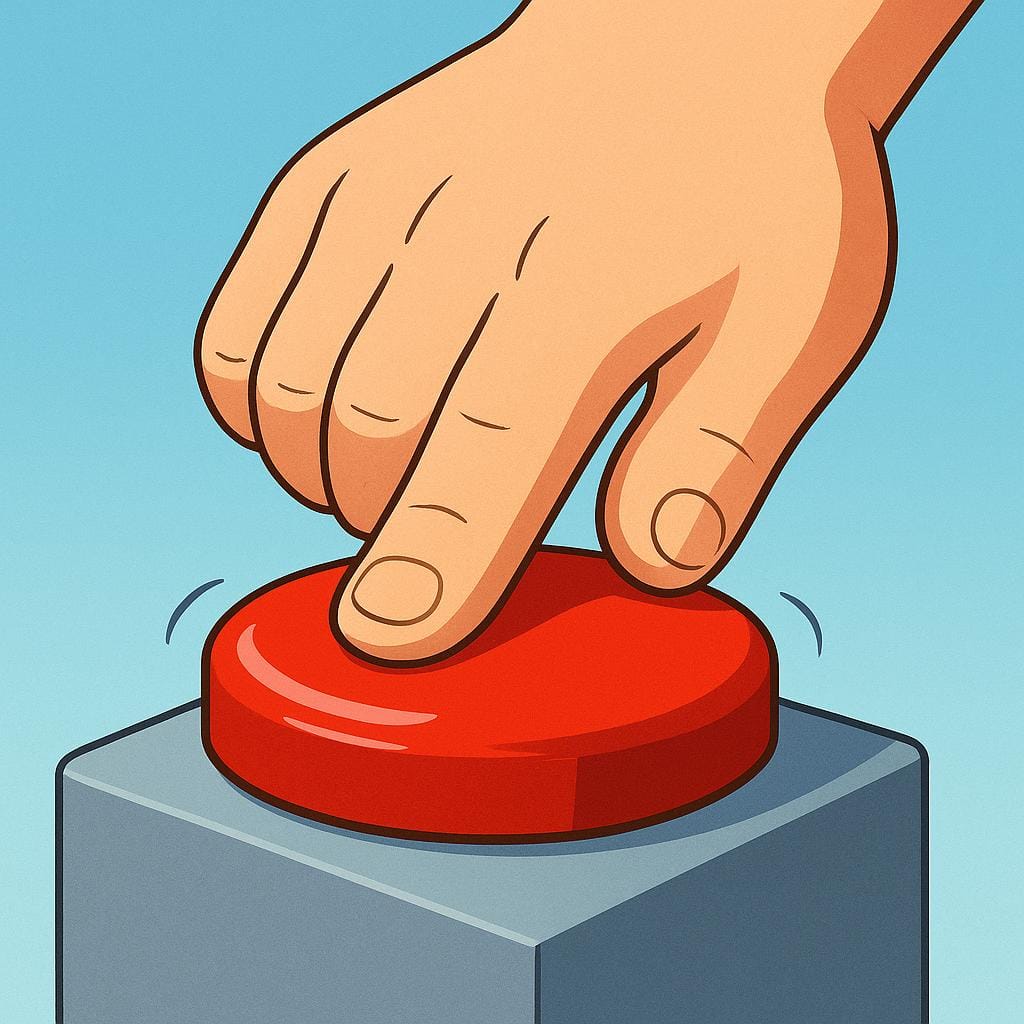 A stylized hand pressing a large, definitive red button mounted on a pedestal, symbolizing an action that has been committed or completed.