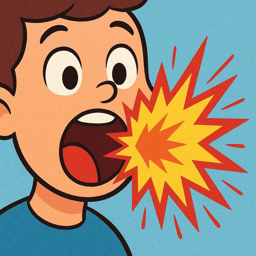 A close-up storybook illustration focusing on a face with a mouth wide open, emitting a large, jagged, colorful yellow and red burst, representing a loud vocal sound.