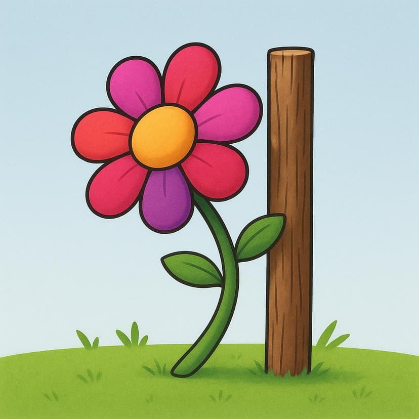 A bright red flower is leaning against a strong wooden stake that is supporting its weight, illustrating physical dependency.