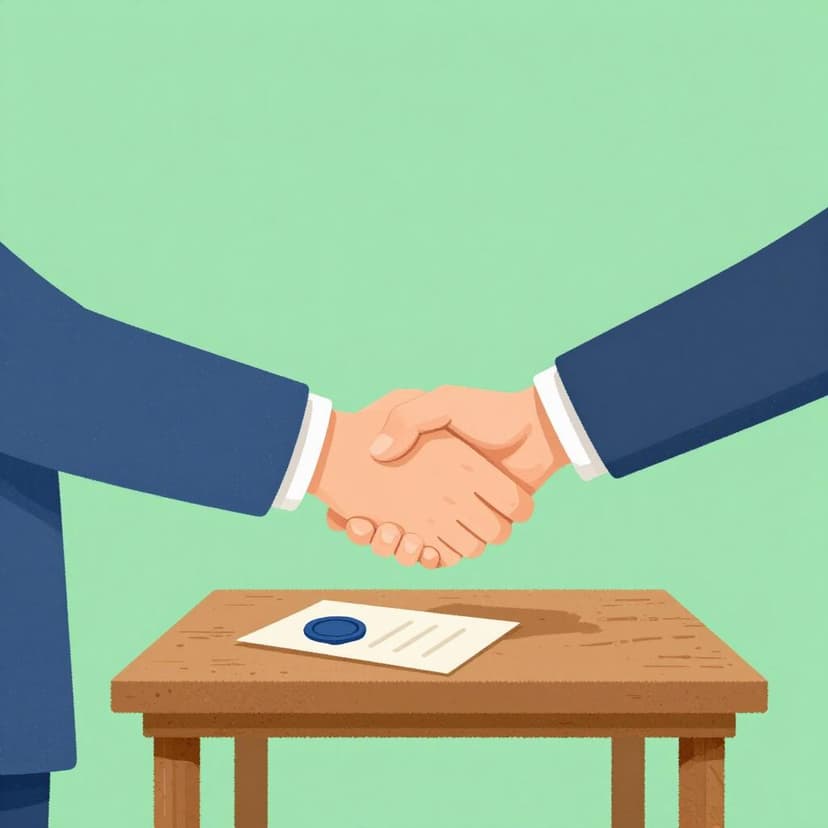 Two people shaking hands over a small table with a signed document.