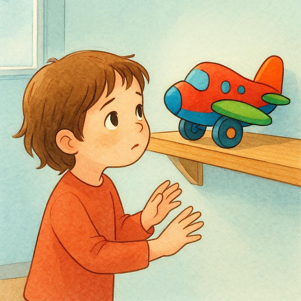 A colorful storybook illustration showing a young child with outstretched hands looking up at a desired toy airplane on a high shelf.