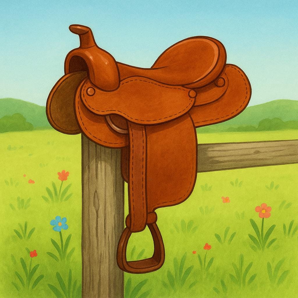 Une selle de cheval en cuir marron posée sur un poteau de clôture en bois dans un cadre extérieur.