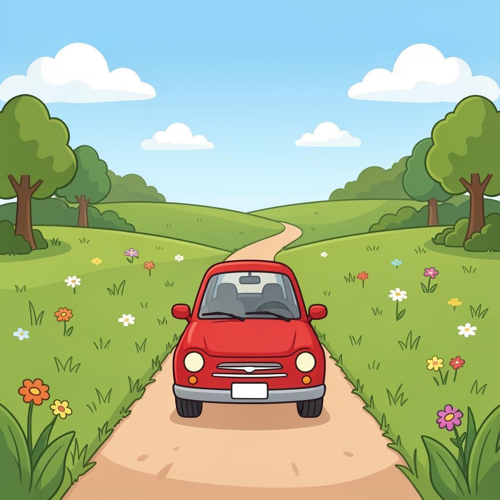 A small red car driving along a winding road through a green field.