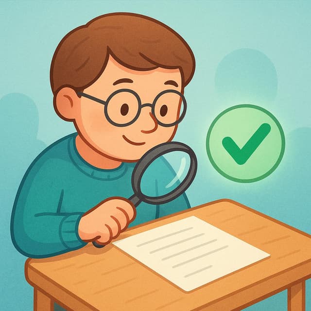 Um personagem amigável usando óculos, segurando uma lupa, examinando cuidadosamente uma única folha de papel em uma mesa, simbolizando verificação.