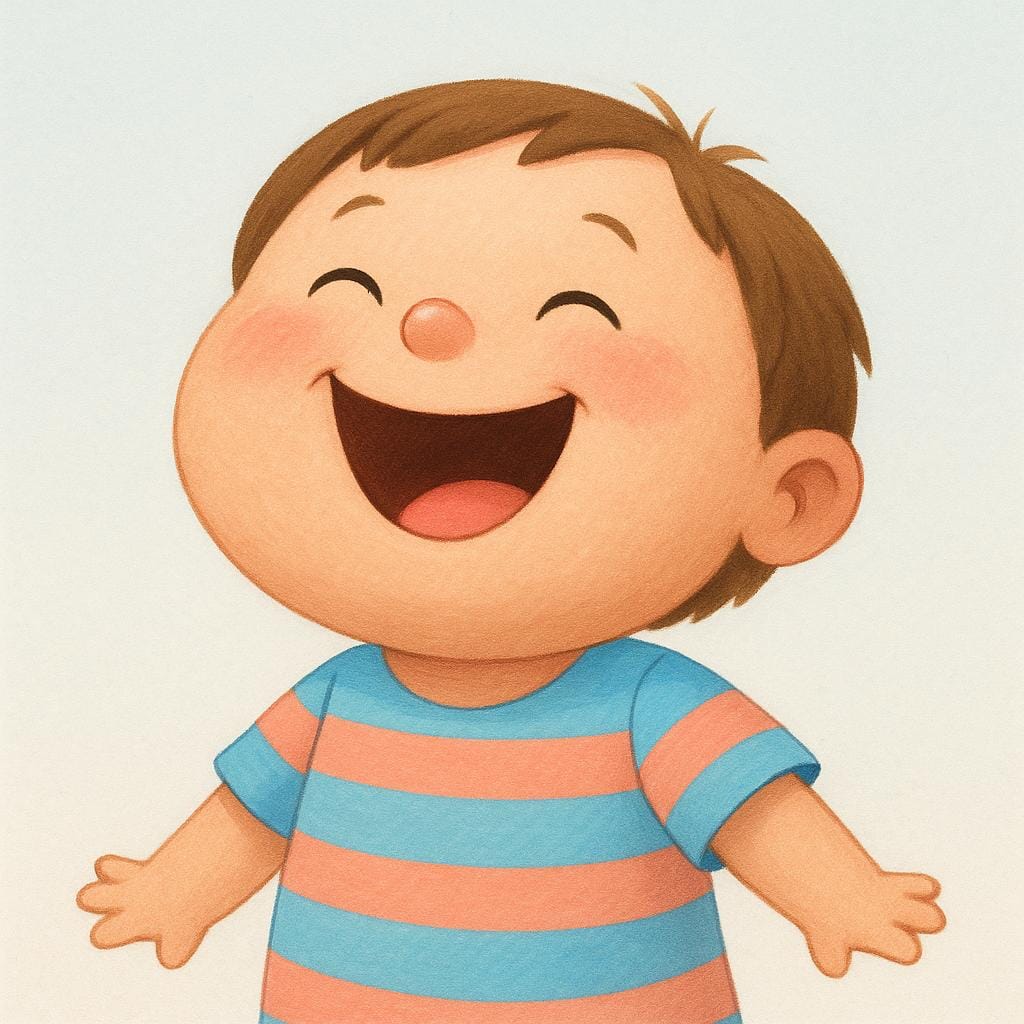 Eine hochwertige, einfache, farbenfrohe Bilderbuchillustration einer fröhlichen Figur, vielleicht eines Kindes, die herzhaft lacht, mit weit geöffnetem Mund und geschlossenen, freudigen Augen, die die Handlung des Lachens darstellt.