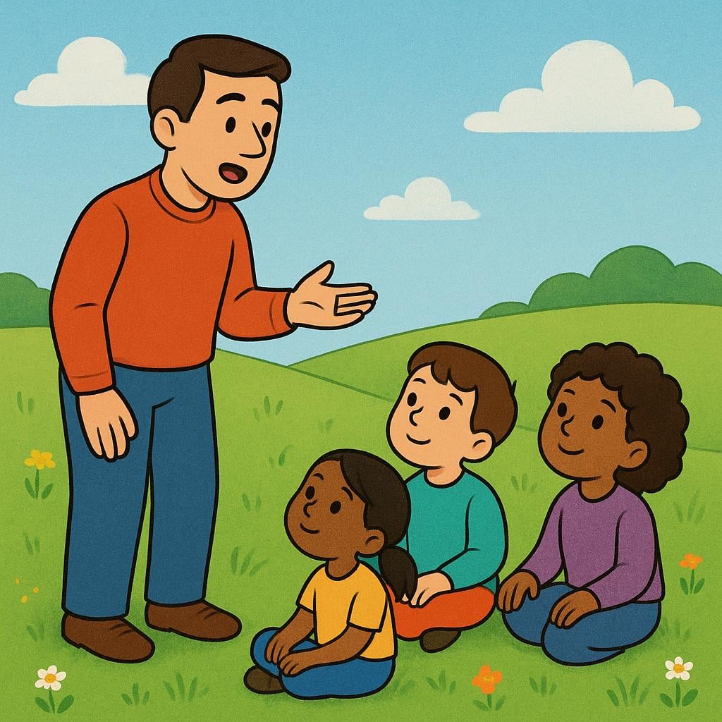 An illustration showing one adult character standing and speaking clearly to a small group of three children who are sitting and listening intently in a colorful field.