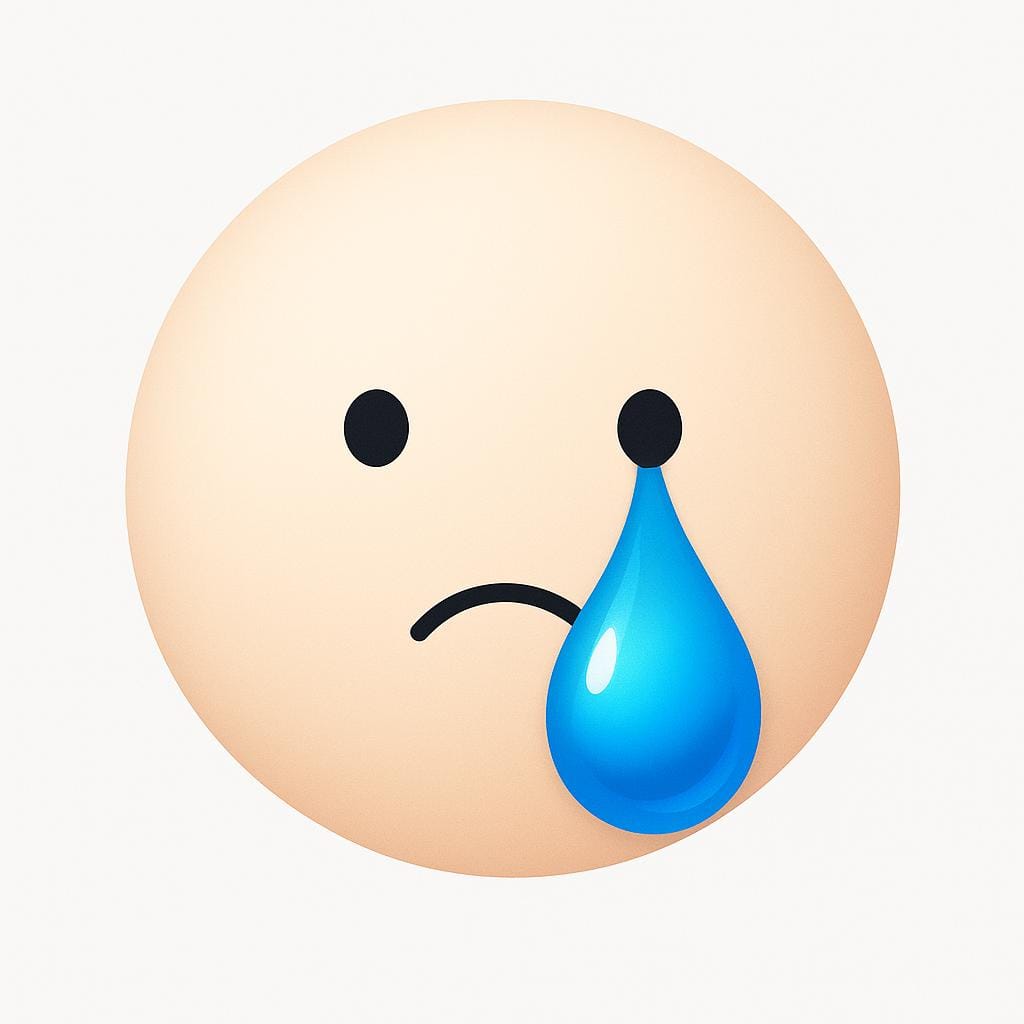 A close-up illustration of a large, brightly colored tear rolling down a simple, sad human face, emphasizing misfortune.