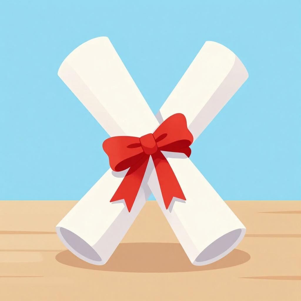 A rolled-up paper diploma with a red ribbon lying on a wooden table.