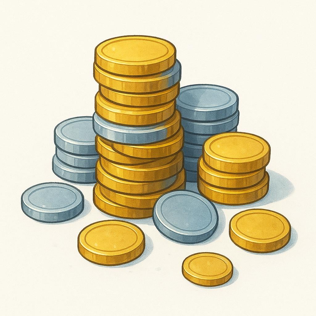 A small, neat pile of generic gold and silver coins, representing currency.