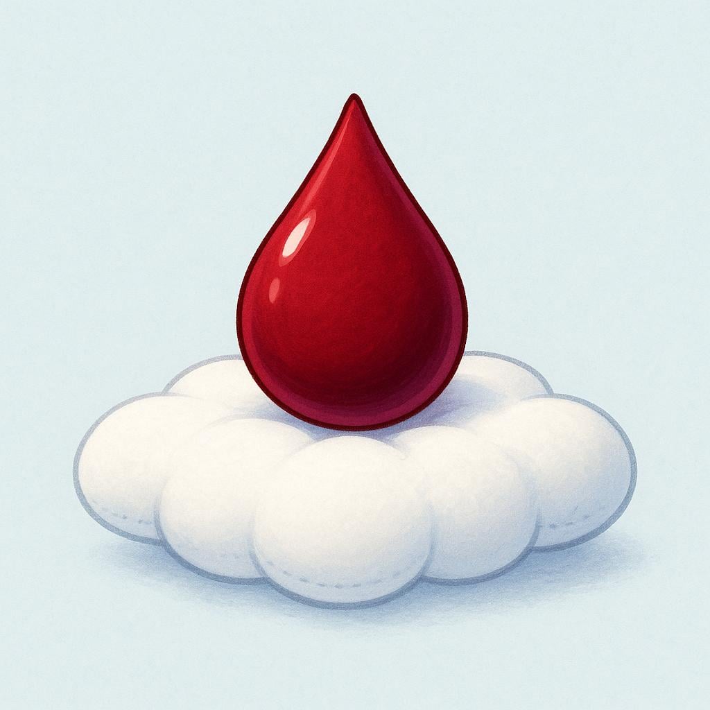 A storybook illustration featuring a single, stylized deep red droplet resting on a fluffy white cushion.