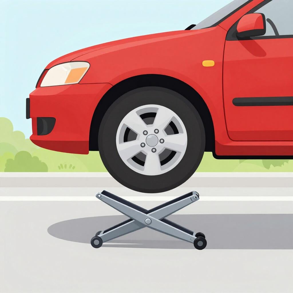 Un cric mécanique soulevant le côté d'une voiture rouge.