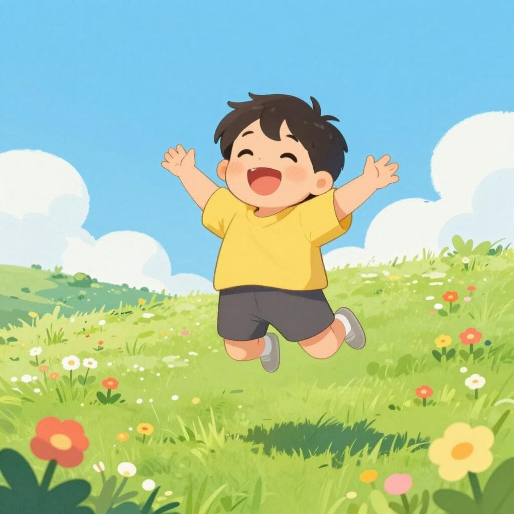 Een kind dat hoog in de lucht springt met een brede glimlach en uitgestrekte armen in een veld met heldere bloemen.