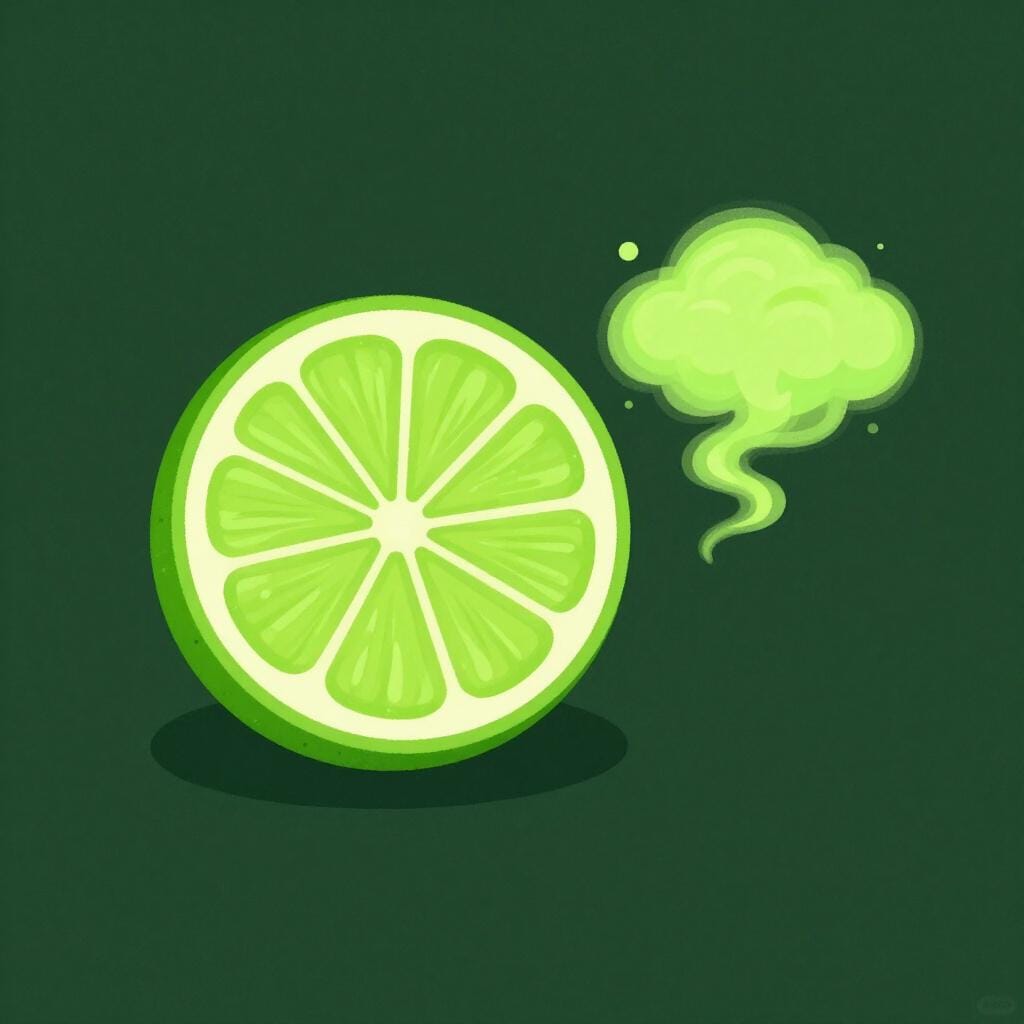 A green lemon slice and a small puff of sharp-smelling green smoke to represent a pungent scent.