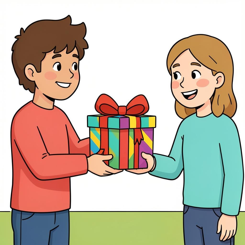 A person handing a brightly wrapped gift box with a ribbon to a smiling friend.