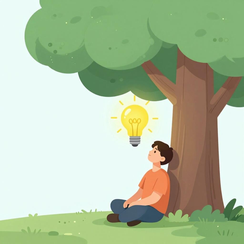 A person sitting under a tree with a glowing lightbulb appearing above their head to represent a new idea.