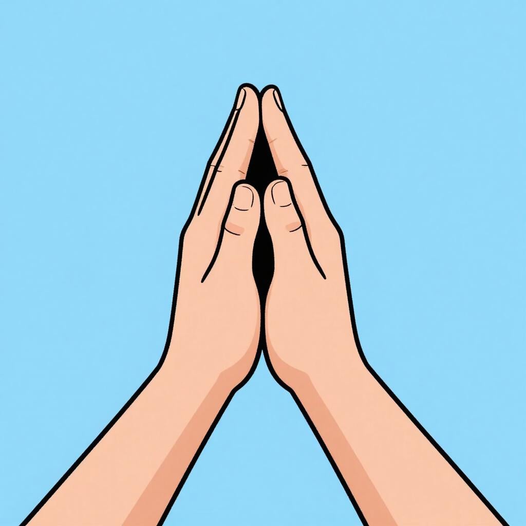 A pair of hands gently pressed together in a gesture of prayer against a soft blue background.