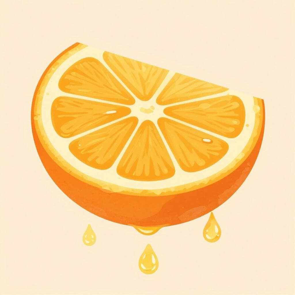 A slice of a ripe, bright orange dripping with fresh droplets of juice.